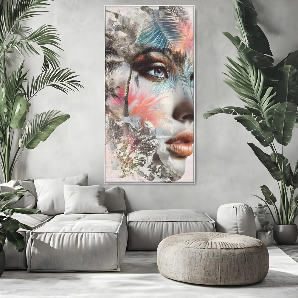 Tablou Canvas Premium, LuxCanva® G1236, Suflet Tropical,  Vis, Palmier, Natura, Paradis, Femeie, Soapta, Vant, Lumina, Verde, Jungla, Culori, Pastel, Frumusete, Poezie, Oniric, Salon, Living, Dormitor