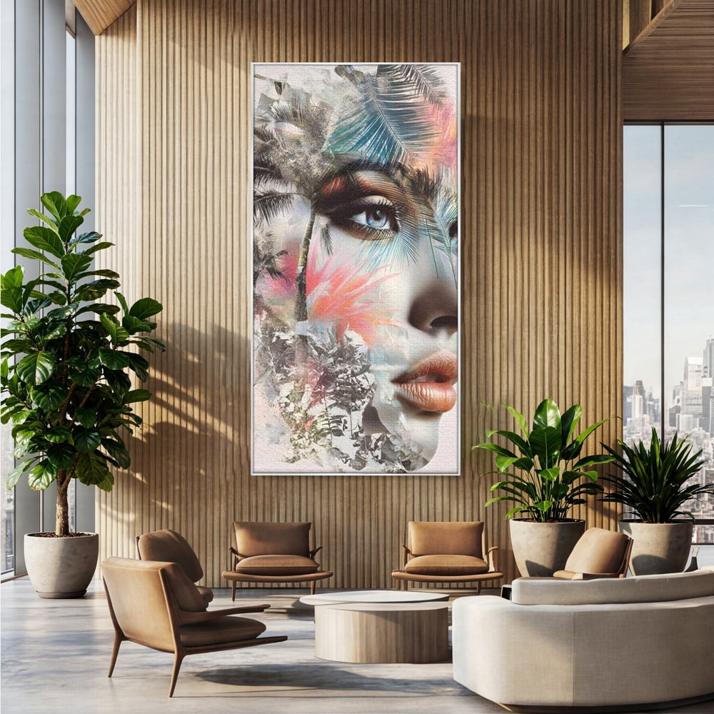Tablou Canvas Premium, LuxCanva® G1236, Suflet Tropical,  Vis, Palmier, Natura, Paradis, Femeie, Soapta, Vant, Lumina, Verde, Jungla, Culori, Pastel, Frumusete, Poezie, Oniric, Salon, Living, Dormitor