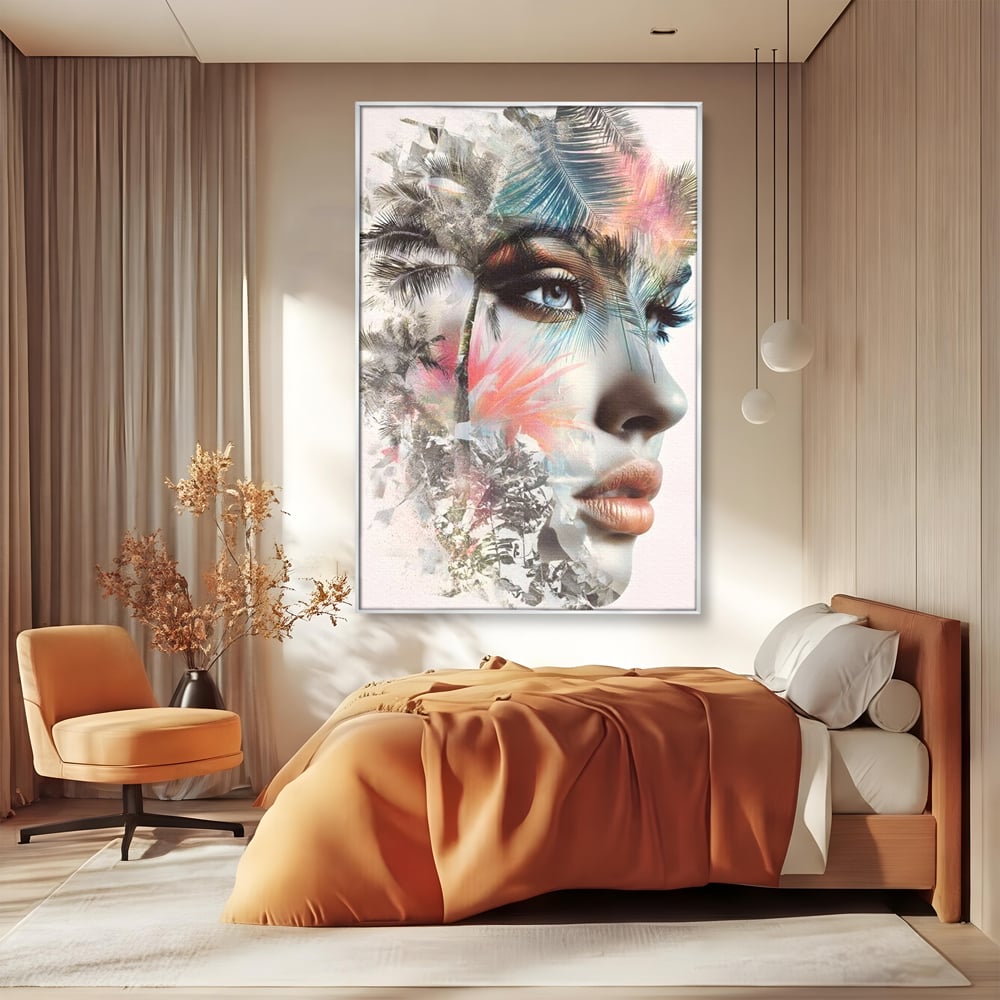 Tablou Canvas Premium, LuxCanva® G1236, Suflet Tropical,  Vis, Palmier, Natura, Paradis, Femeie, Soapta, Vant, Lumina, Verde, Jungla, Culori, Pastel, Frumusete, Poezie, Oniric, Salon, Living, Dormitor