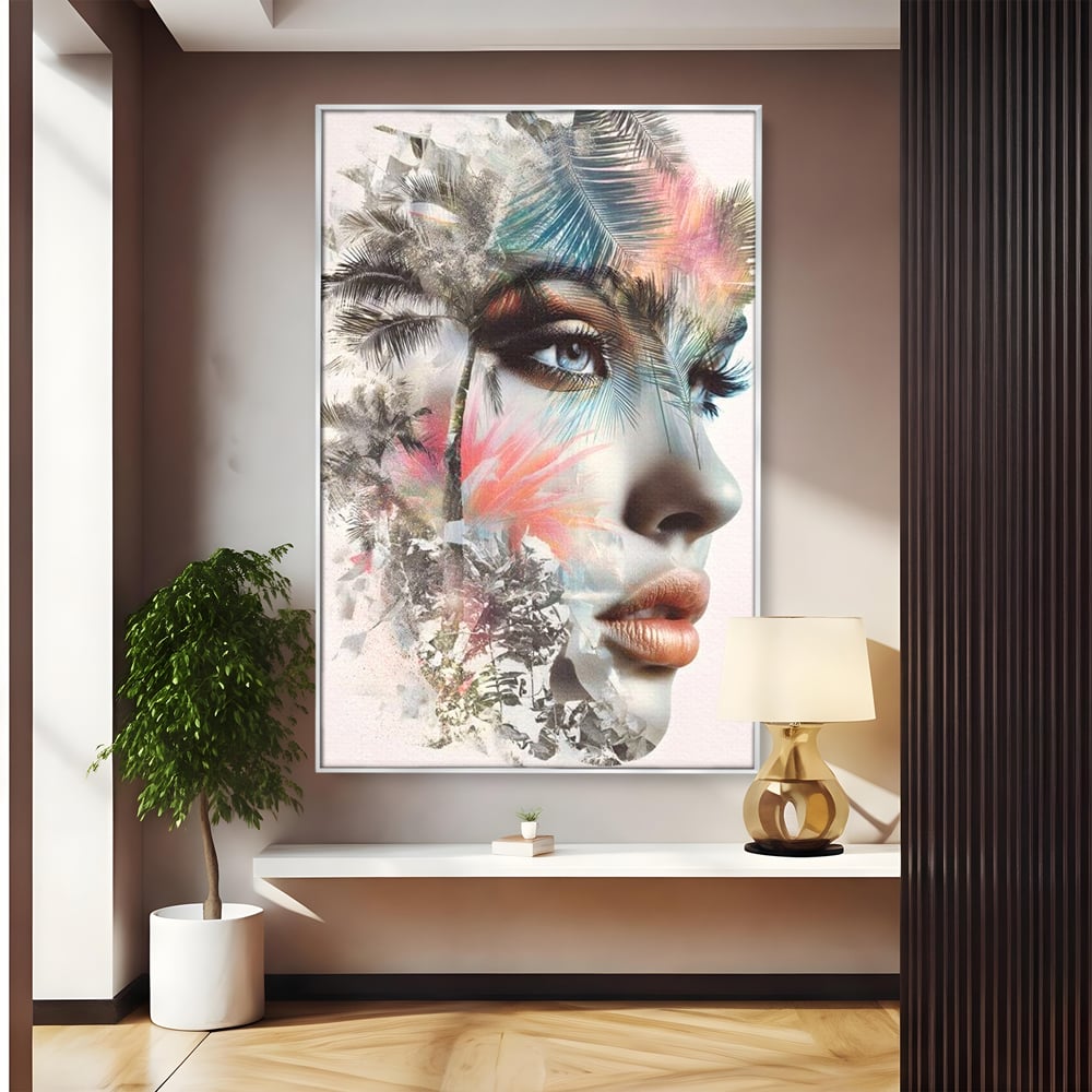 Tablou Canvas Premium, LuxCanva® G1236, Suflet Tropical,  Vis, Palmier, Natura, Paradis, Femeie, Soapta, Vant, Lumina, Verde, Jungla, Culori, Pastel, Frumusete, Poezie, Oniric, Salon, Living, Dormitor
