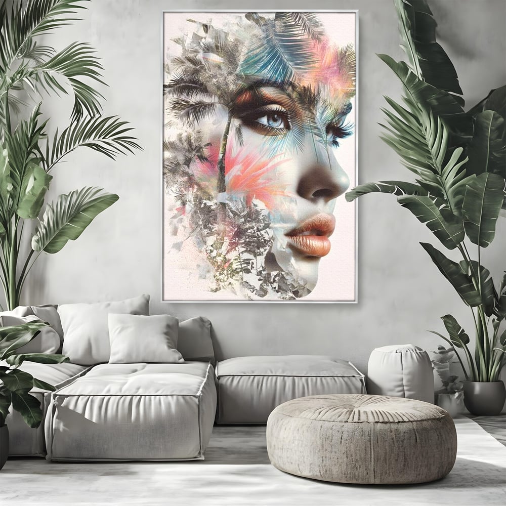 Tablou Canvas Premium, LuxCanva® G1236, Suflet Tropical,  Vis, Palmier, Natura, Paradis, Femeie, Soapta, Vant, Lumina, Verde, Jungla, Culori, Pastel, Frumusete, Poezie, Oniric, Salon, Living, Dormitor