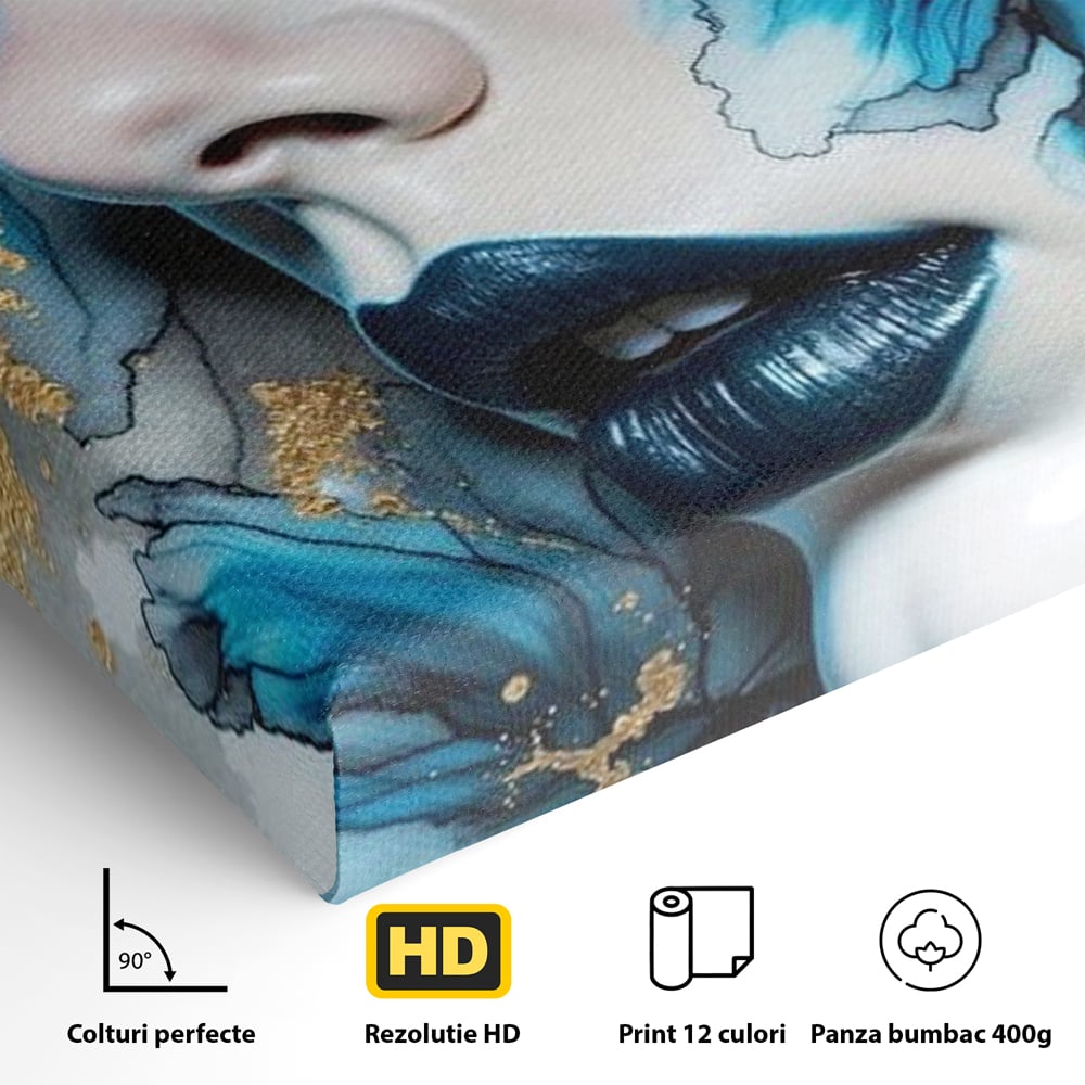Tablou Canvas Premium, LuxCanva® G1241, In Flori de Gheata, Regina, Albastru, Aur, Vraja, Frig, Floare, Iarna, Cristal, Inima, Azur, Eclipsa, Renastere, Tacere, Liniste, Fotomodel, Salon, Living, Dormi