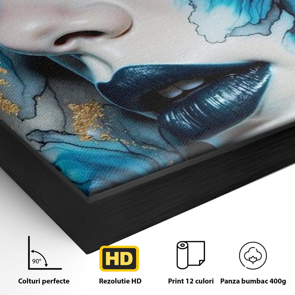 Tablou Canvas Premium, LuxCanva® G1241, In Flori de Gheata, Regina, Albastru, Aur, Vraja, Frig, Floare, Iarna, Cristal, Inima, Azur, Eclipsa, Renastere, Tacere, Liniste, Fotomodel, Salon, Living, Dormi