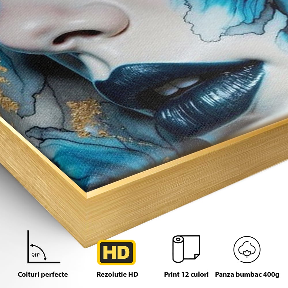 Tablou Canvas Premium, LuxCanva® G1241, In Flori de Gheata, Regina, Albastru, Aur, Vraja, Frig, Floare, Iarna, Cristal, Inima, Azur, Eclipsa, Renastere, Tacere, Liniste, Fotomodel, Salon, Living, Dormi