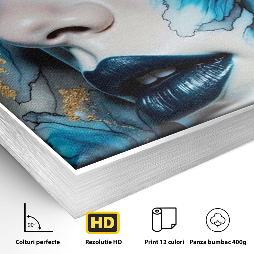 Tablou Canvas Premium, LuxCanva® G1241, In Flori de Gheata, Regina, Albastru, Aur, Vraja, Frig, Floare, Iarna, Cristal, Inima, Azur, Eclipsa, Renastere, Tacere, Liniste, Fotomodel, Salon, Living, Dormi