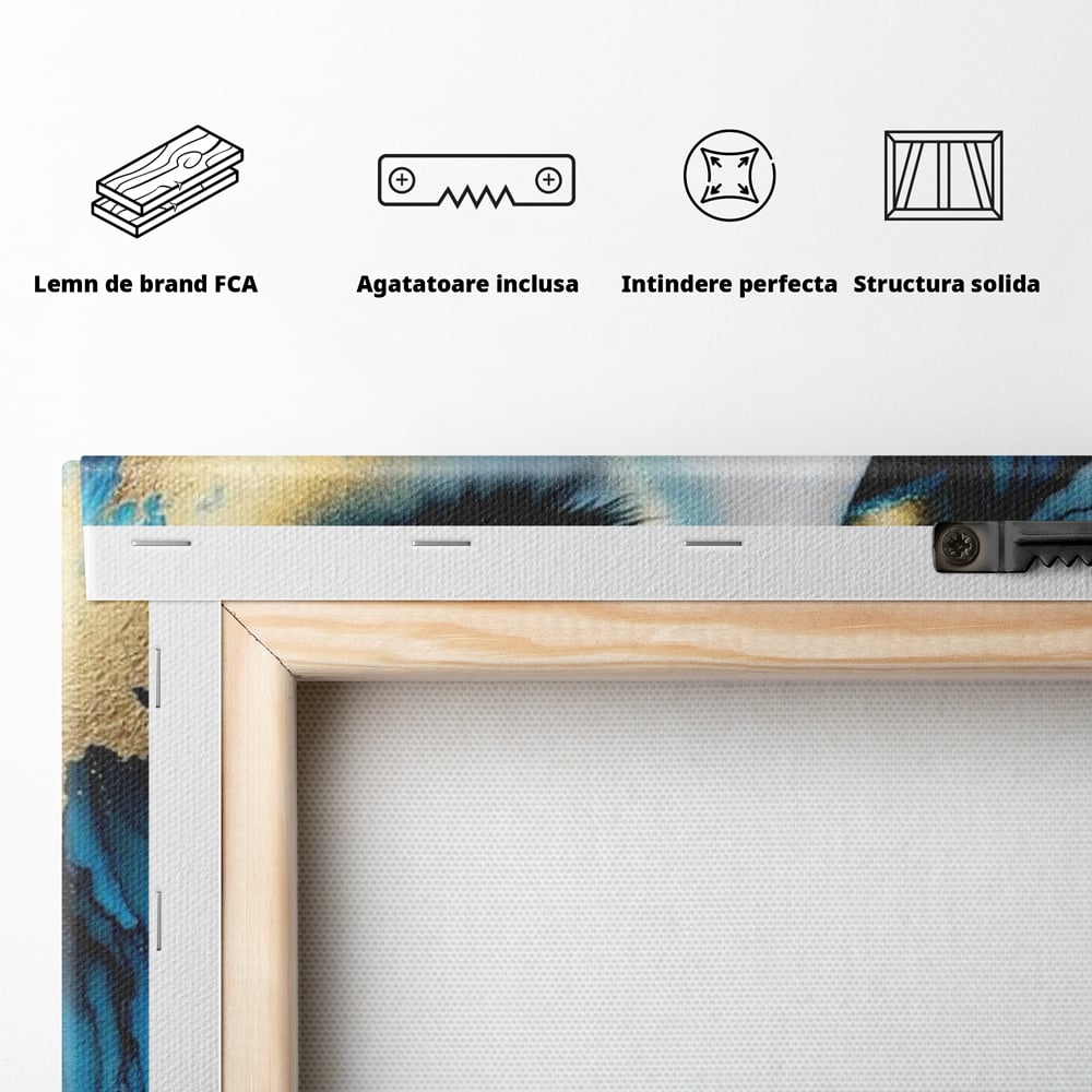Tablou Canvas Premium, LuxCanva® G1241, In Flori de Gheata, Regina, Albastru, Aur, Vraja, Frig, Floare, Iarna, Cristal, Inima, Azur, Eclipsa, Renastere, Tacere, Liniste, Fotomodel, Salon, Living, Dormi