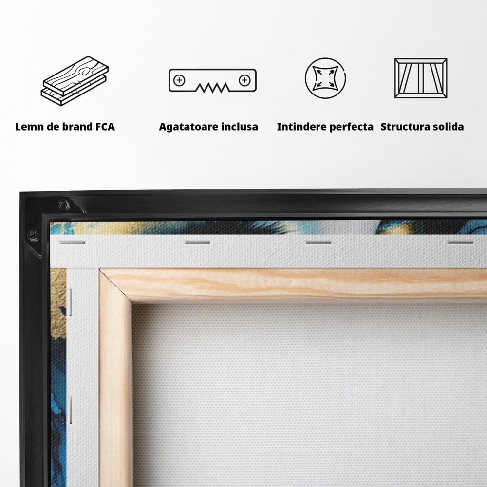 Tablou Canvas Premium, LuxCanva® G1241, In Flori de Gheata, Regina, Albastru, Aur, Vraja, Frig, Floare, Iarna, Cristal, Inima, Azur, Eclipsa, Renastere, Tacere, Liniste, Fotomodel, Salon, Living, Dormi