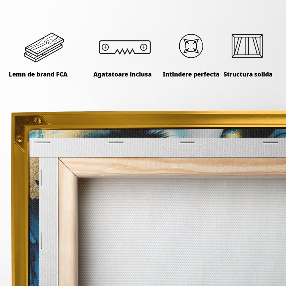 Tablou Canvas Premium, LuxCanva® G1241, In Flori de Gheata, Regina, Albastru, Aur, Vraja, Frig, Floare, Iarna, Cristal, Inima, Azur, Eclipsa, Renastere, Tacere, Liniste, Fotomodel, Salon, Living, Dormi