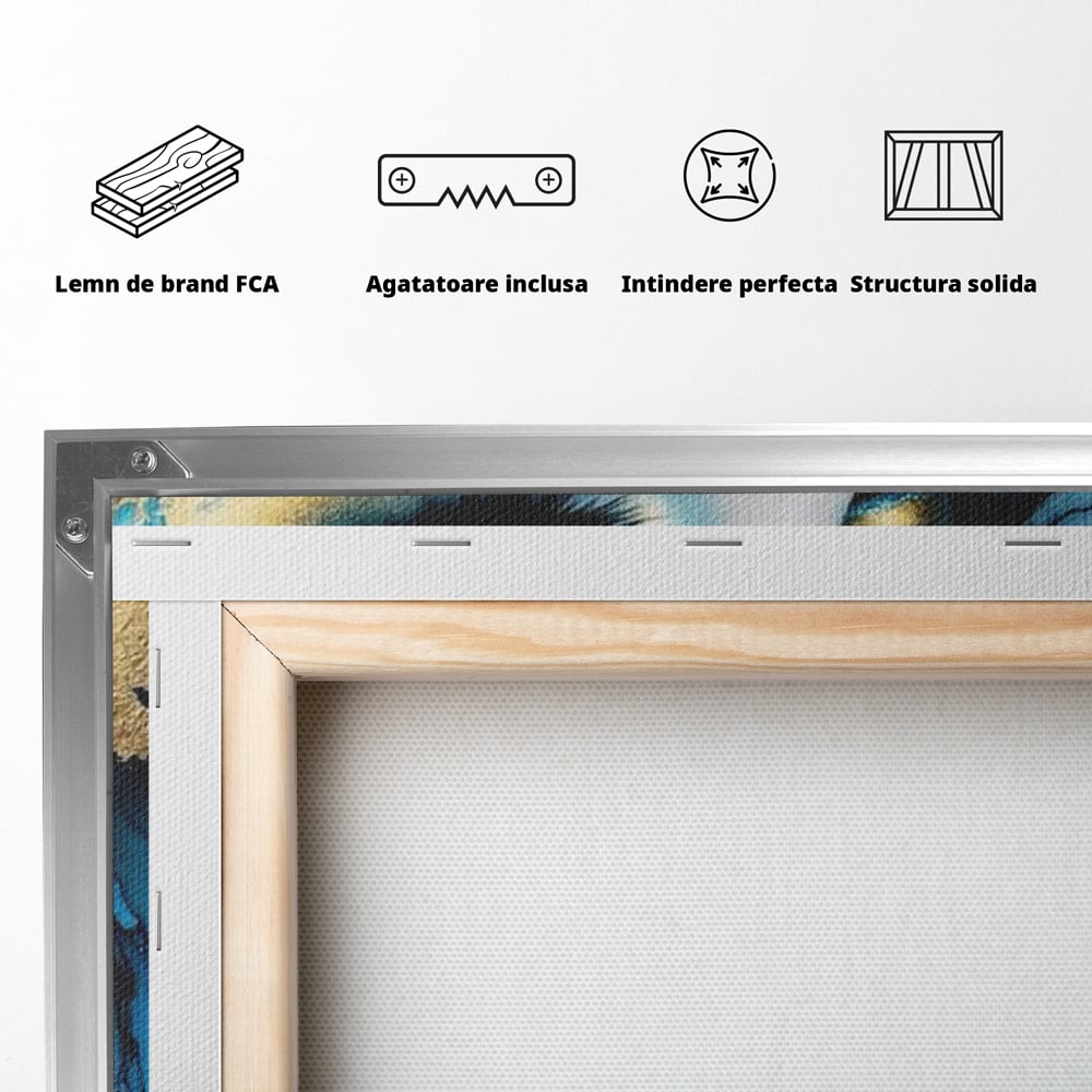 Tablou Canvas Premium, LuxCanva® G1241, In Flori de Gheata, Regina, Albastru, Aur, Vraja, Frig, Floare, Iarna, Cristal, Inima, Azur, Eclipsa, Renastere, Tacere, Liniste, Fotomodel, Salon, Living, Dormi