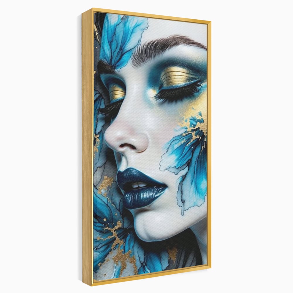 Tablou Canvas Premium, LuxCanva® G1241, In Flori de Gheata, Regina, Albastru, Aur, Vraja, Frig, Floare, Iarna, Cristal, Inima, Azur, Eclipsa, Renastere, Tacere, Liniste, Fotomodel, Salon, Living, Dormi