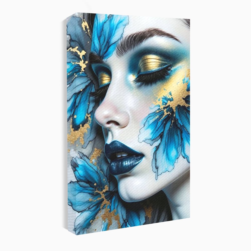 Tablou Canvas Premium, LuxCanva® G1241, In Flori de Gheata, Regina, Albastru, Aur, Vraja, Frig, Floare, Iarna, Cristal, Inima, Azur, Eclipsa, Renastere, Tacere, Liniste, Fotomodel, Salon, Living, Dormi
