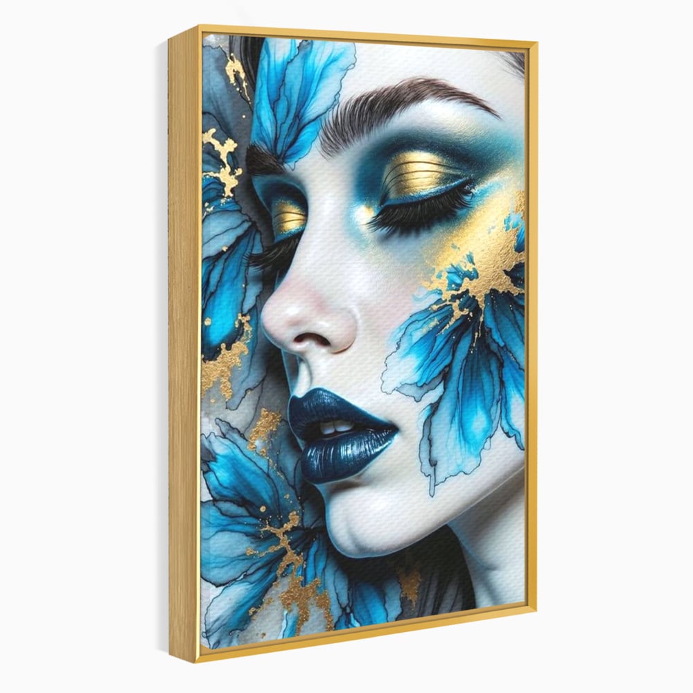 Tablou Canvas Premium, LuxCanva® G1241, In Flori de Gheata, Regina, Albastru, Aur, Vraja, Frig, Floare, Iarna, Cristal, Inima, Azur, Eclipsa, Renastere, Tacere, Liniste, Fotomodel, Salon, Living, Dormi