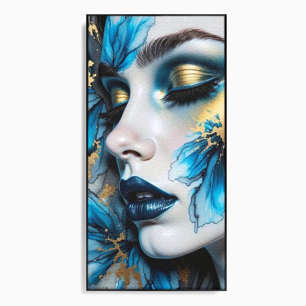 Tablou Canvas Premium, LuxCanva® G1241, In Flori de Gheata, Regina, Albastru, Aur, Vraja, Frig, Floare, Iarna, Cristal, Inima, Azur, Eclipsa, Renastere, Tacere, Liniste, Fotomodel, Salon, Living, Dormi