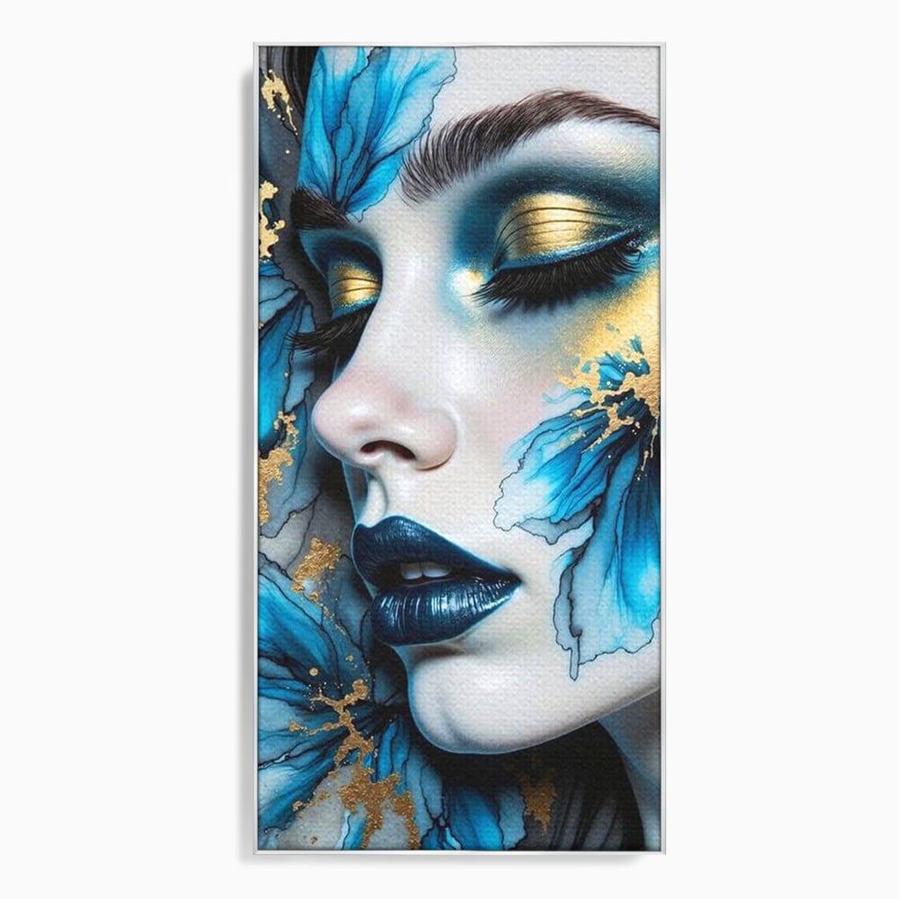 Tablou Canvas Premium, LuxCanva® G1241, In Flori de Gheata, Regina, Albastru, Aur, Vraja, Frig, Floare, Iarna, Cristal, Inima, Azur, Eclipsa, Renastere, Tacere, Liniste, Fotomodel, Salon, Living, Dormi