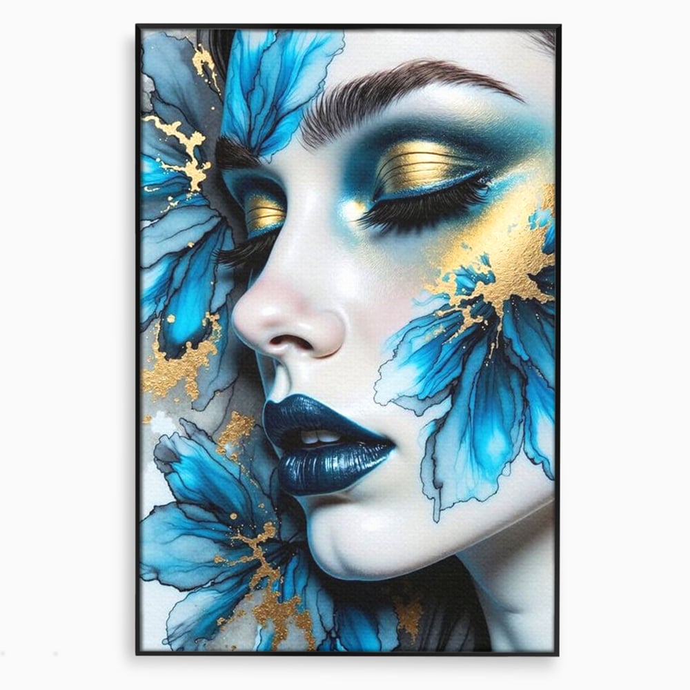 Tablou Canvas Premium, LuxCanva® G1241, In Flori de Gheata, Regina, Albastru, Aur, Vraja, Frig, Floare, Iarna, Cristal, Inima, Azur, Eclipsa, Renastere, Tacere, Liniste, Fotomodel, Salon, Living, Dormi