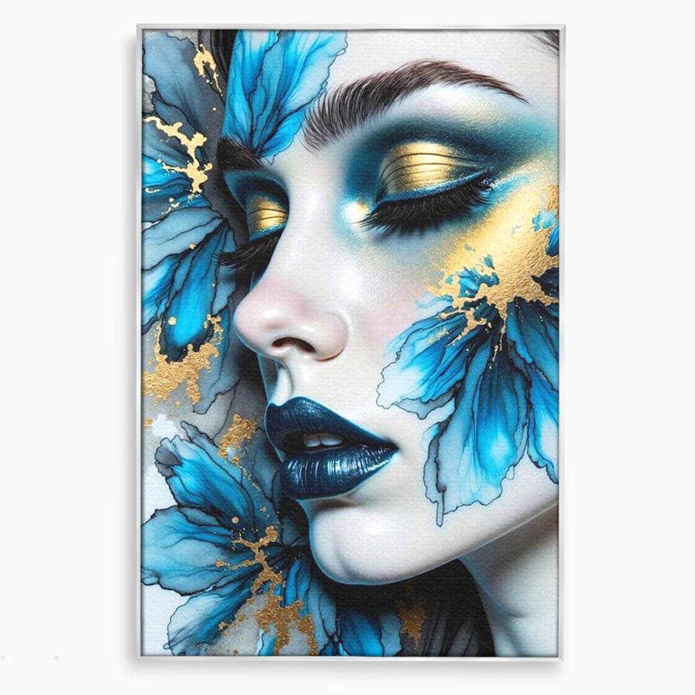Tablou Canvas Premium, LuxCanva® G1241, In Flori de Gheata, Regina, Albastru, Aur, Vraja, Frig, Floare, Iarna, Cristal, Inima, Azur, Eclipsa, Renastere, Tacere, Liniste, Fotomodel, Salon, Living, Dormi