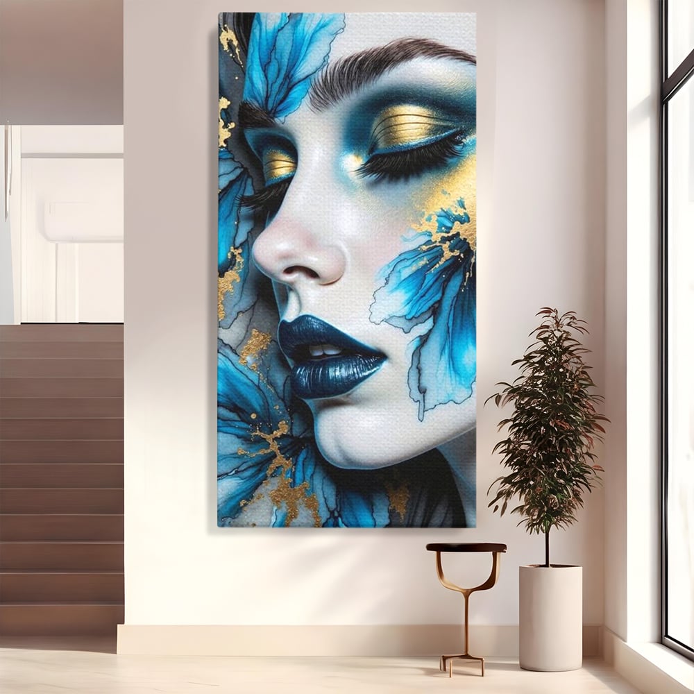 Tablou Canvas Premium, LuxCanva® G1241, In Flori de Gheata, Regina, Albastru, Aur, Vraja, Frig, Floare, Iarna, Cristal, Inima, Azur, Eclipsa, Renastere, Tacere, Liniste, Fotomodel, Salon, Living, Dormi