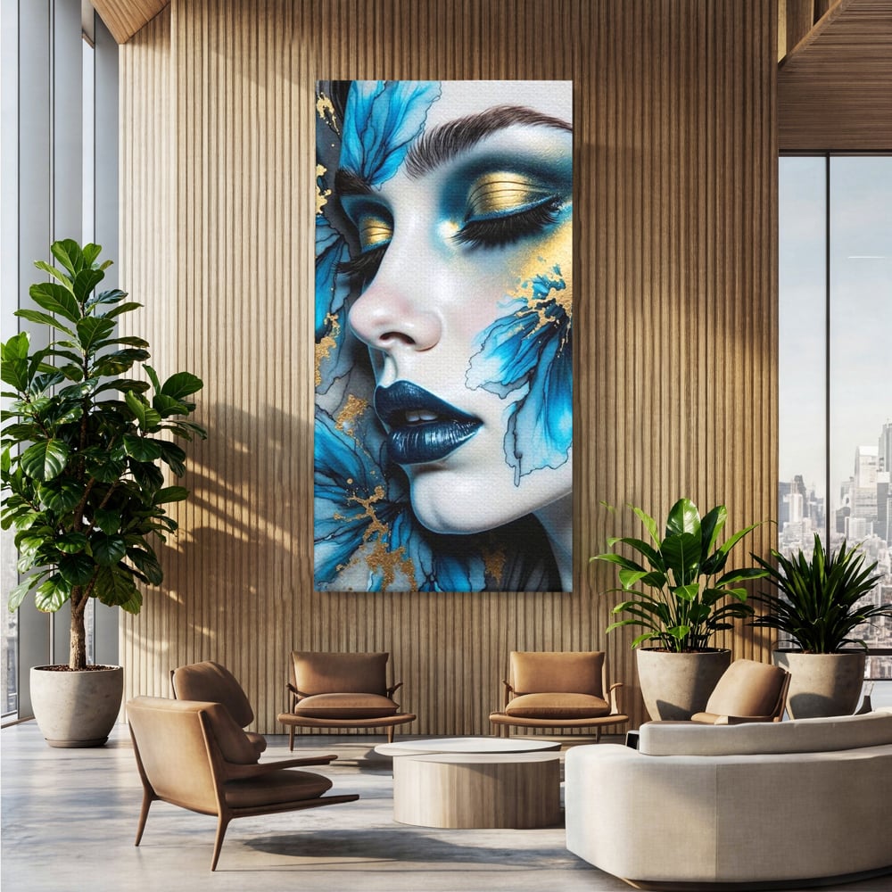 Tablou Canvas Premium, LuxCanva® G1241, In Flori de Gheata, Regina, Albastru, Aur, Vraja, Frig, Floare, Iarna, Cristal, Inima, Azur, Eclipsa, Renastere, Tacere, Liniste, Fotomodel, Salon, Living, Dormi