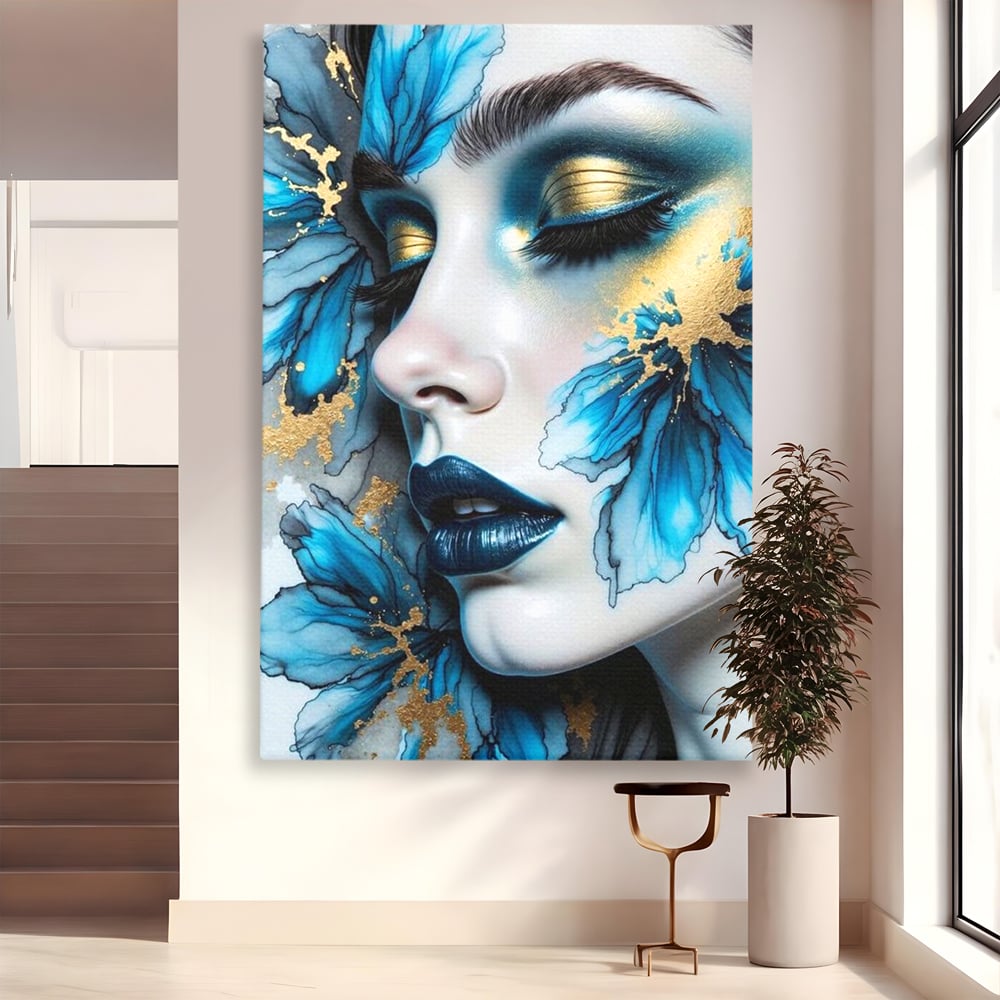 Tablou Canvas Premium, LuxCanva® G1241, In Flori de Gheata, Regina, Albastru, Aur, Vraja, Frig, Floare, Iarna, Cristal, Inima, Azur, Eclipsa, Renastere, Tacere, Liniste, Fotomodel, Salon, Living, Dormi