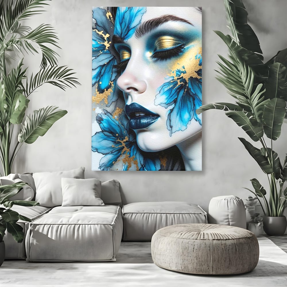 Tablou Canvas Premium, LuxCanva® G1241, In Flori de Gheata, Regina, Albastru, Aur, Vraja, Frig, Floare, Iarna, Cristal, Inima, Azur, Eclipsa, Renastere, Tacere, Liniste, Fotomodel, Salon, Living, Dormi