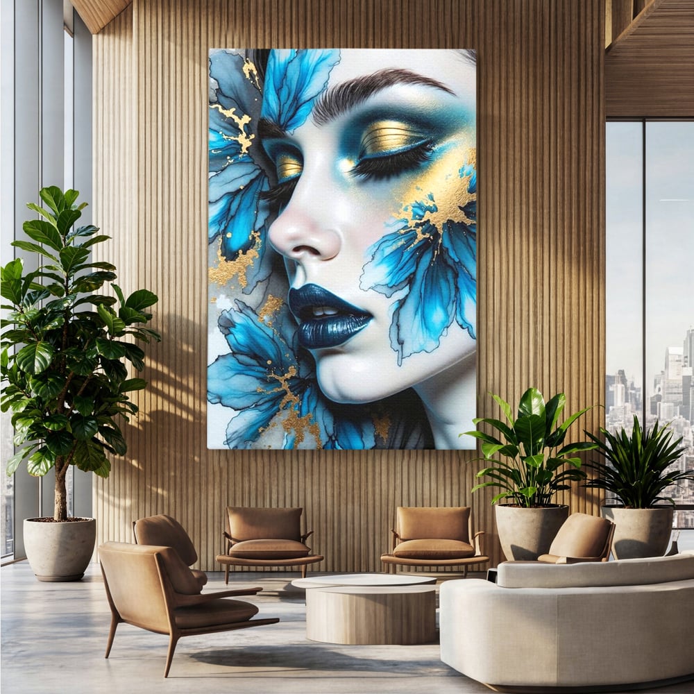 Tablou Canvas Premium, LuxCanva® G1241, In Flori de Gheata, Regina, Albastru, Aur, Vraja, Frig, Floare, Iarna, Cristal, Inima, Azur, Eclipsa, Renastere, Tacere, Liniste, Fotomodel, Salon, Living, Dormi