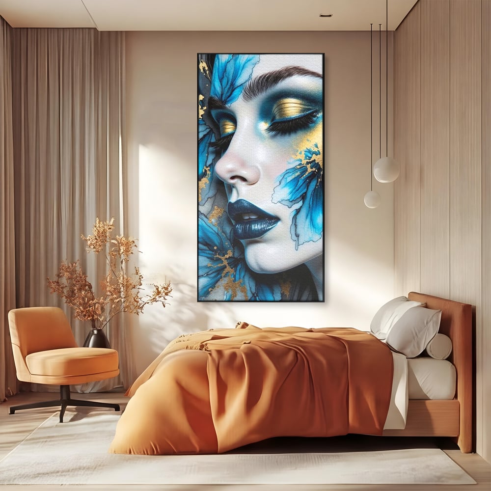 Tablou Canvas Premium, LuxCanva® G1241, In Flori de Gheata, Regina, Albastru, Aur, Vraja, Frig, Floare, Iarna, Cristal, Inima, Azur, Eclipsa, Renastere, Tacere, Liniste, Fotomodel, Salon, Living, Dormi