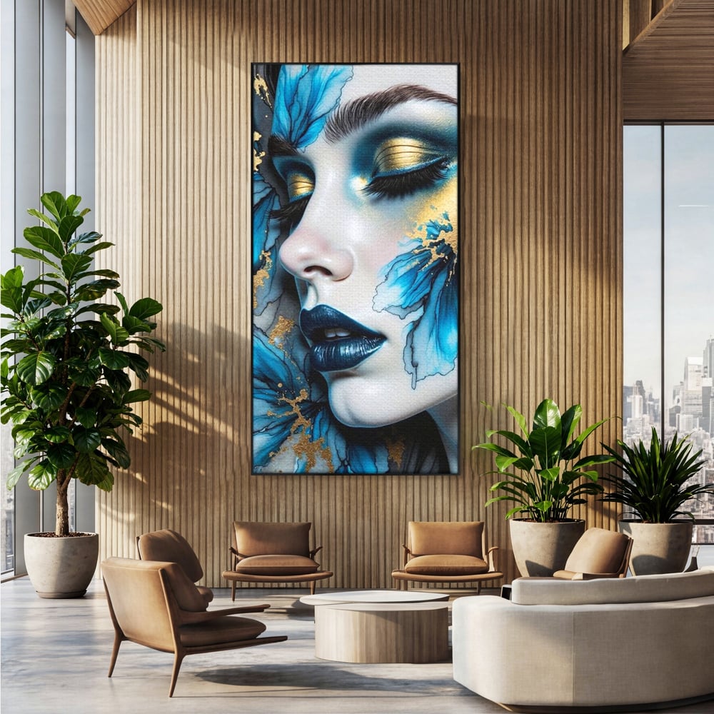 Tablou Canvas Premium, LuxCanva® G1241, In Flori de Gheata, Regina, Albastru, Aur, Vraja, Frig, Floare, Iarna, Cristal, Inima, Azur, Eclipsa, Renastere, Tacere, Liniste, Fotomodel, Salon, Living, Dormi