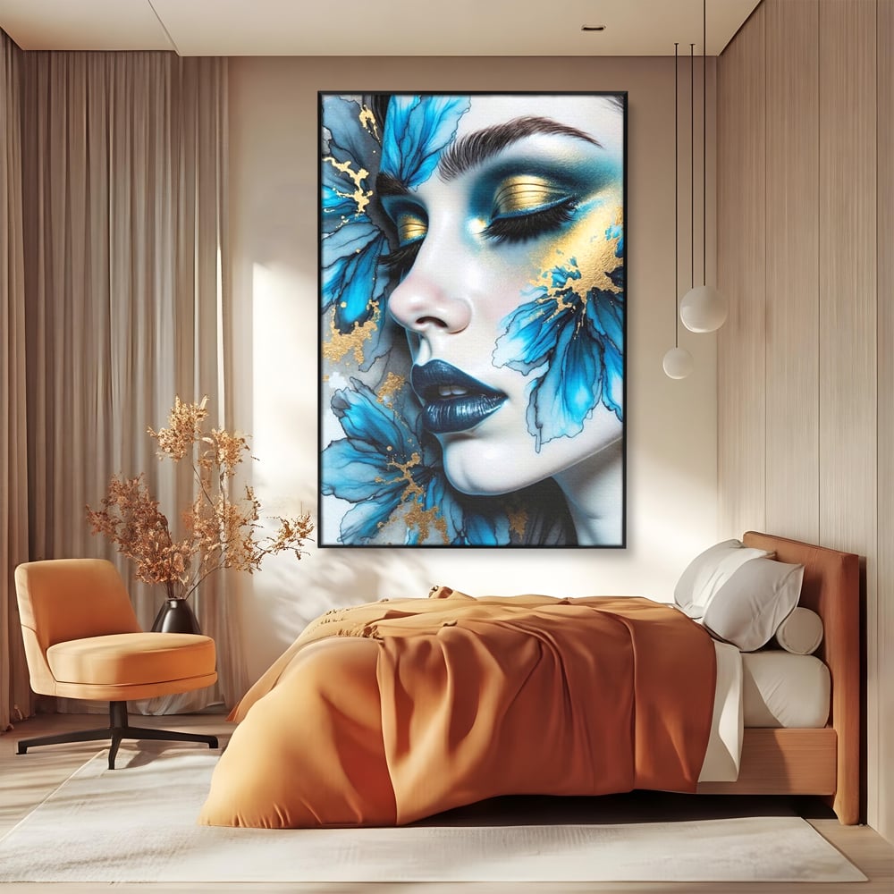 Tablou Canvas Premium, LuxCanva® G1241, In Flori de Gheata, Regina, Albastru, Aur, Vraja, Frig, Floare, Iarna, Cristal, Inima, Azur, Eclipsa, Renastere, Tacere, Liniste, Fotomodel, Salon, Living, Dormi