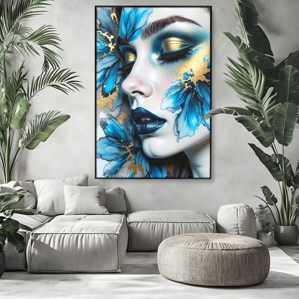 Tablou Canvas Premium, LuxCanva® G1241, In Flori de Gheata, Regina, Albastru, Aur, Vraja, Frig, Floare, Iarna, Cristal, Inima, Azur, Eclipsa, Renastere, Tacere, Liniste, Fotomodel, Salon, Living, Dormi