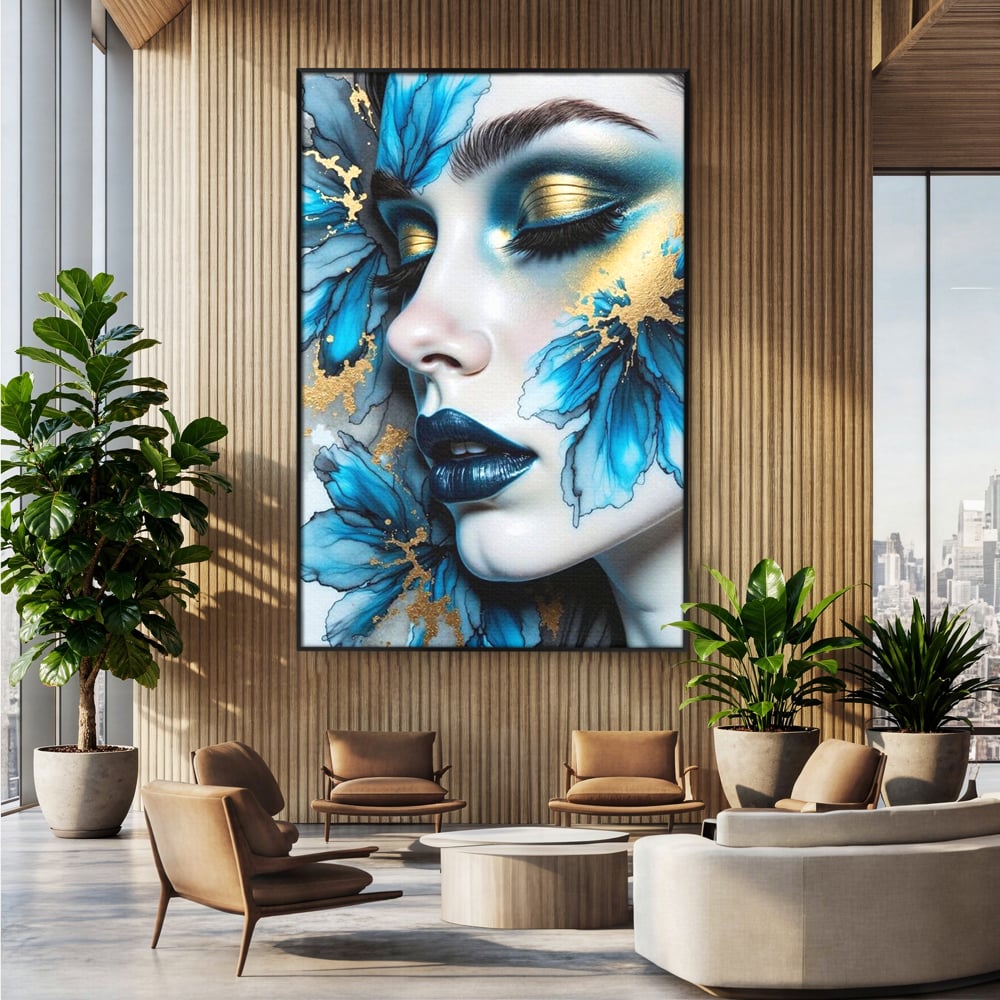 Tablou Canvas Premium, LuxCanva® G1241, In Flori de Gheata, Regina, Albastru, Aur, Vraja, Frig, Floare, Iarna, Cristal, Inima, Azur, Eclipsa, Renastere, Tacere, Liniste, Fotomodel, Salon, Living, Dormi