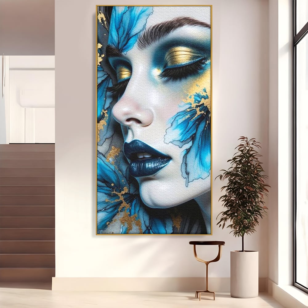Tablou Canvas Premium, LuxCanva® G1241, In Flori de Gheata, Regina, Albastru, Aur, Vraja, Frig, Floare, Iarna, Cristal, Inima, Azur, Eclipsa, Renastere, Tacere, Liniste, Fotomodel, Salon, Living, Dormi