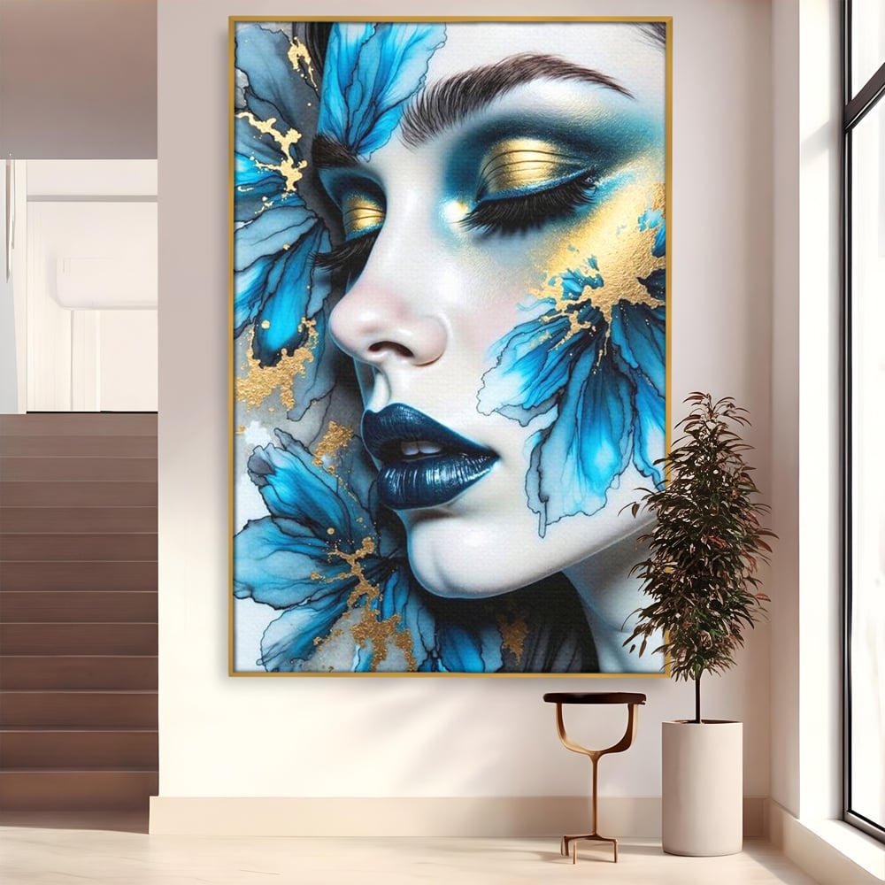 Tablou Canvas Premium, LuxCanva® G1241, In Flori de Gheata, Regina, Albastru, Aur, Vraja, Frig, Floare, Iarna, Cristal, Inima, Azur, Eclipsa, Renastere, Tacere, Liniste, Fotomodel, Salon, Living, Dormi
