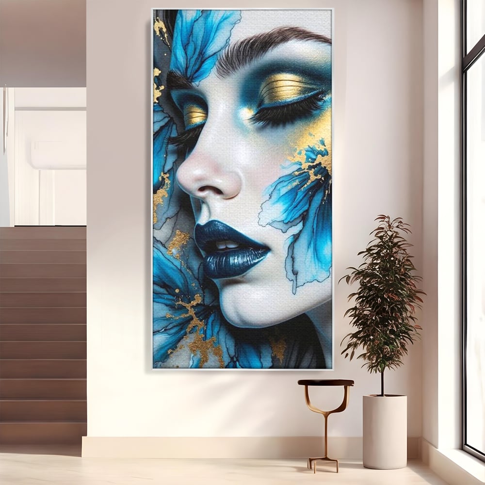 Tablou Canvas Premium, LuxCanva® G1241, In Flori de Gheata, Regina, Albastru, Aur, Vraja, Frig, Floare, Iarna, Cristal, Inima, Azur, Eclipsa, Renastere, Tacere, Liniste, Fotomodel, Salon, Living, Dormi