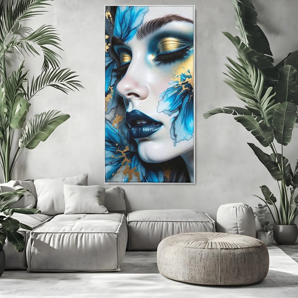 Tablou Canvas Premium, LuxCanva® G1241, In Flori de Gheata, Regina, Albastru, Aur, Vraja, Frig, Floare, Iarna, Cristal, Inima, Azur, Eclipsa, Renastere, Tacere, Liniste, Fotomodel, Salon, Living, Dormi