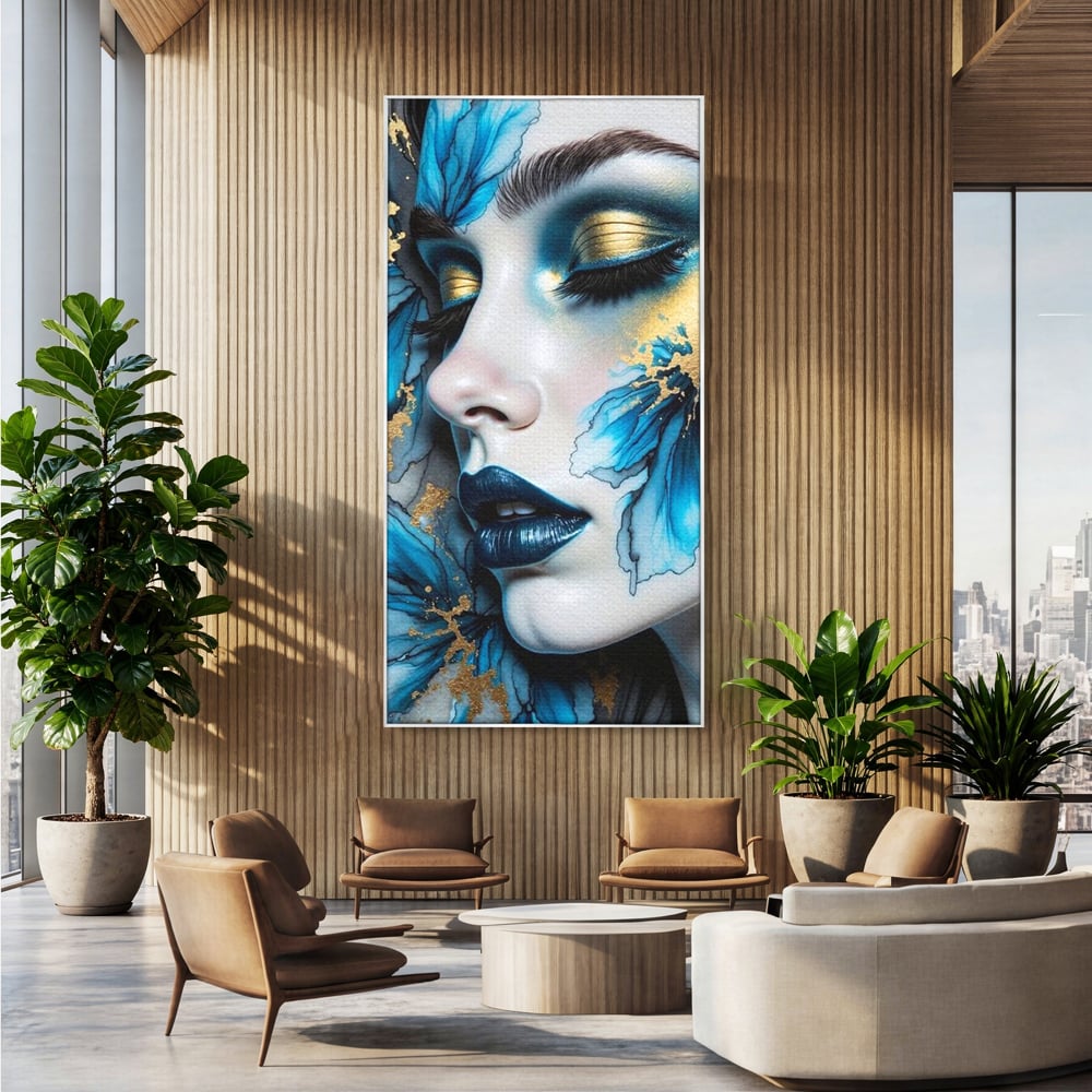 Tablou Canvas Premium, LuxCanva® G1241, In Flori de Gheata, Regina, Albastru, Aur, Vraja, Frig, Floare, Iarna, Cristal, Inima, Azur, Eclipsa, Renastere, Tacere, Liniste, Fotomodel, Salon, Living, Dormi
