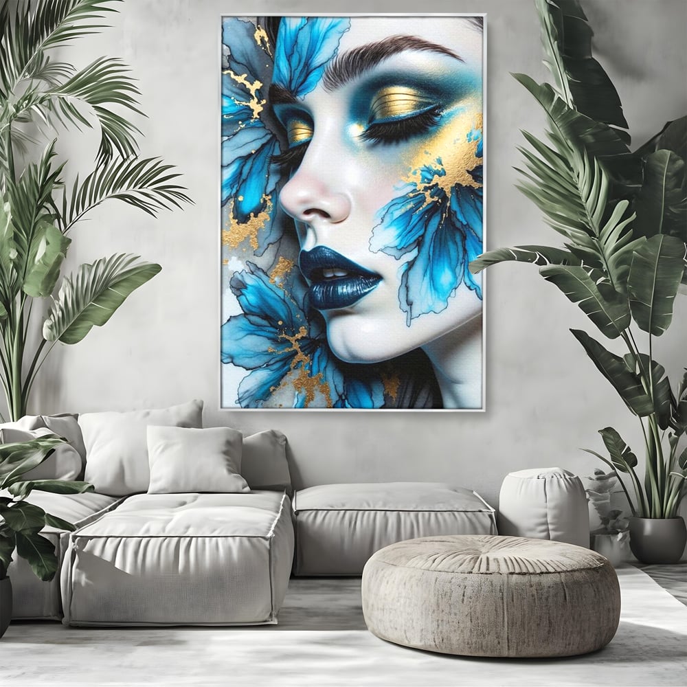 Tablou Canvas Premium, LuxCanva® G1241, In Flori de Gheata, Regina, Albastru, Aur, Vraja, Frig, Floare, Iarna, Cristal, Inima, Azur, Eclipsa, Renastere, Tacere, Liniste, Fotomodel, Salon, Living, Dormi
