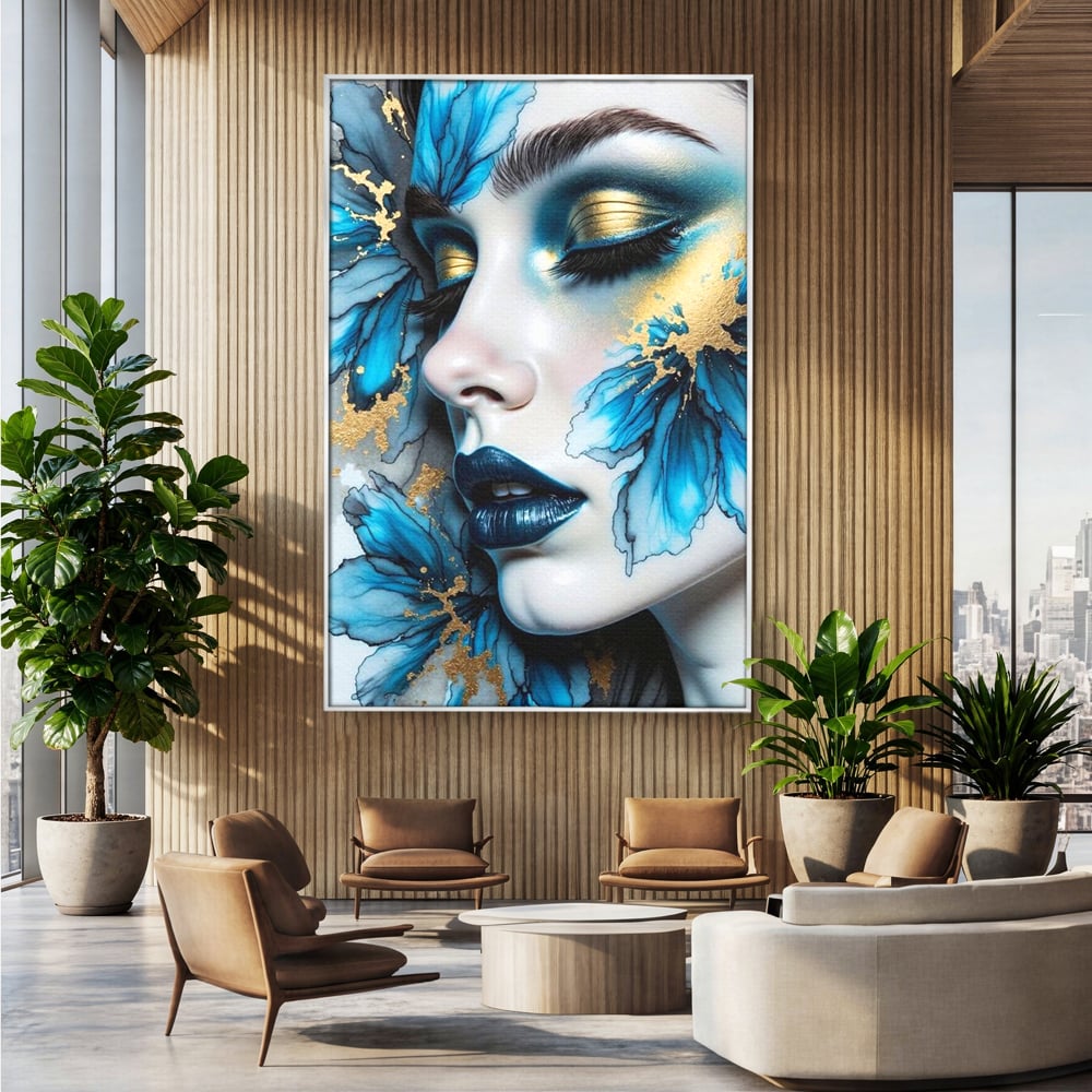 Tablou Canvas Premium, LuxCanva® G1241, In Flori de Gheata, Regina, Albastru, Aur, Vraja, Frig, Floare, Iarna, Cristal, Inima, Azur, Eclipsa, Renastere, Tacere, Liniste, Fotomodel, Salon, Living, Dormi