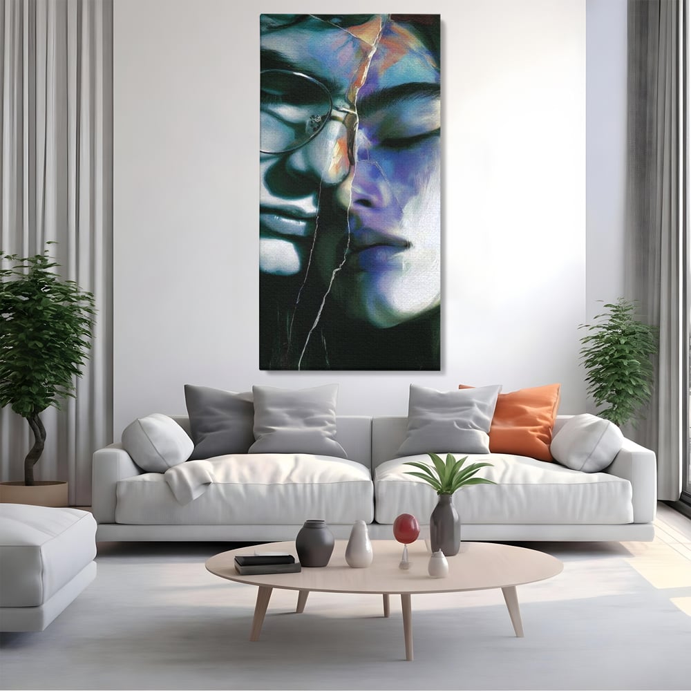 Tablou Canvas Premium, LuxCanva® G1242, Tacerea Dintre Noi, Cioburi, Rupt, Intreg, Iubire, El, Ea, Ochelari, Tacere, Atingeri, Dor, Unire, Fragilitate, Chipuri, Noi, Suflet, Cuplu, Salon, Living, Dormitor
