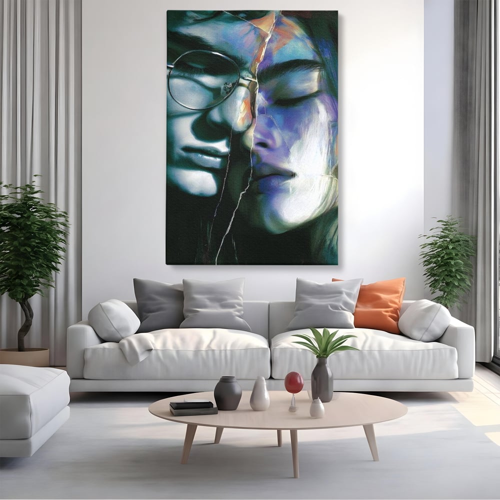 Tablou Canvas Premium, LuxCanva® G1242, Tacerea Dintre Noi, Cioburi, Rupt, Intreg, Iubire, El, Ea, Ochelari, Tacere, Atingeri, Dor, Unire, Fragilitate, Chipuri, Noi, Suflet, Cuplu, Salon, Living, Dormitor