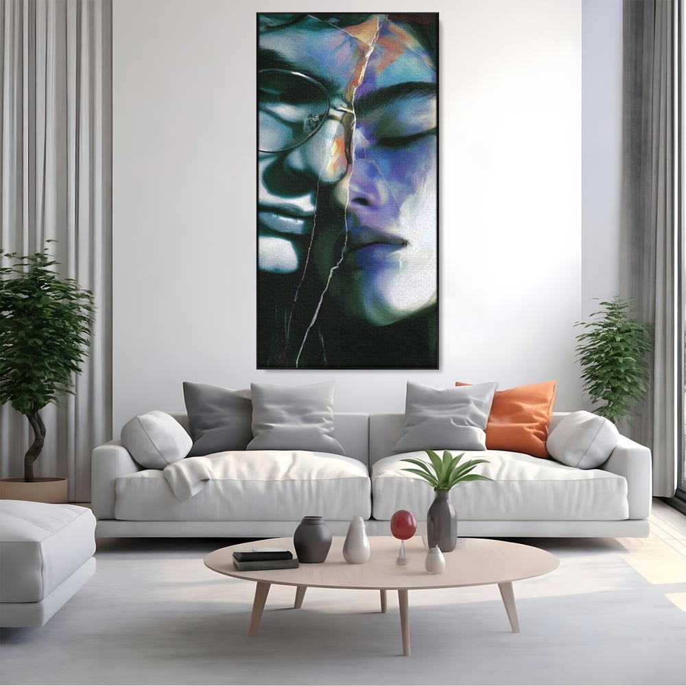 Tablou Canvas Premium, LuxCanva® G1242, Tacerea Dintre Noi, Cioburi, Rupt, Intreg, Iubire, El, Ea, Ochelari, Tacere, Atingeri, Dor, Unire, Fragilitate, Chipuri, Noi, Suflet, Cuplu, Salon, Living, Dormitor