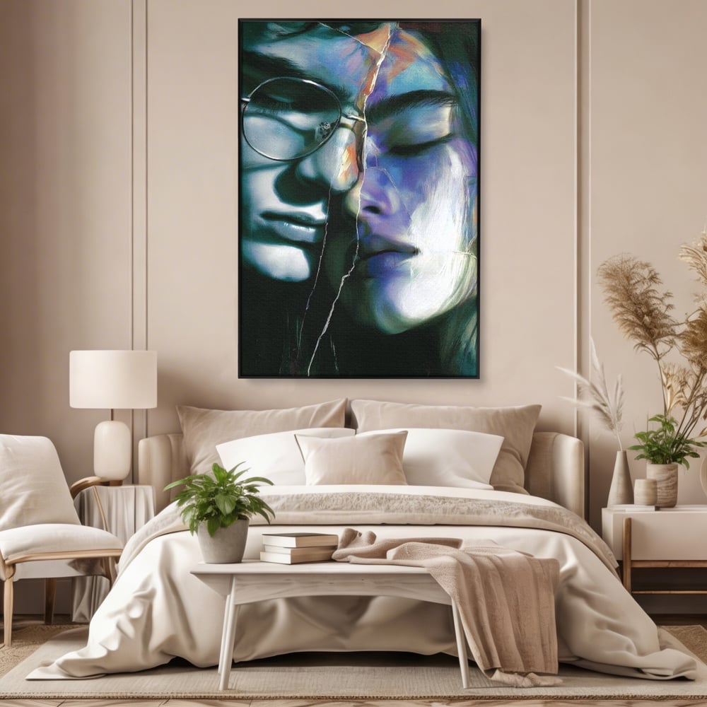 Tablou Canvas Premium, LuxCanva® G1242, Tacerea Dintre Noi, Cioburi, Rupt, Intreg, Iubire, El, Ea, Ochelari, Tacere, Atingeri, Dor, Unire, Fragilitate, Chipuri, Noi, Suflet, Cuplu, Salon, Living, Dormitor