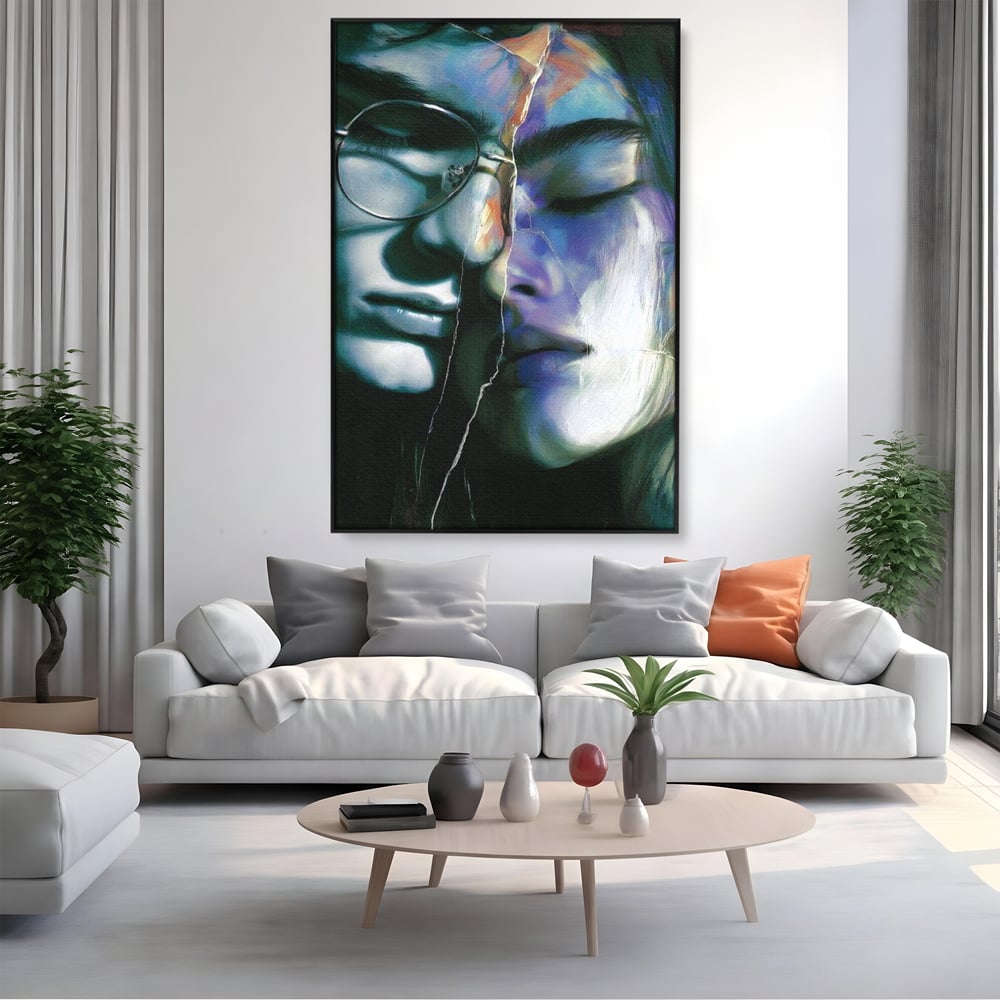 Tablou Canvas Premium, LuxCanva® G1242, Tacerea Dintre Noi, Cioburi, Rupt, Intreg, Iubire, El, Ea, Ochelari, Tacere, Atingeri, Dor, Unire, Fragilitate, Chipuri, Noi, Suflet, Cuplu, Salon, Living, Dormitor