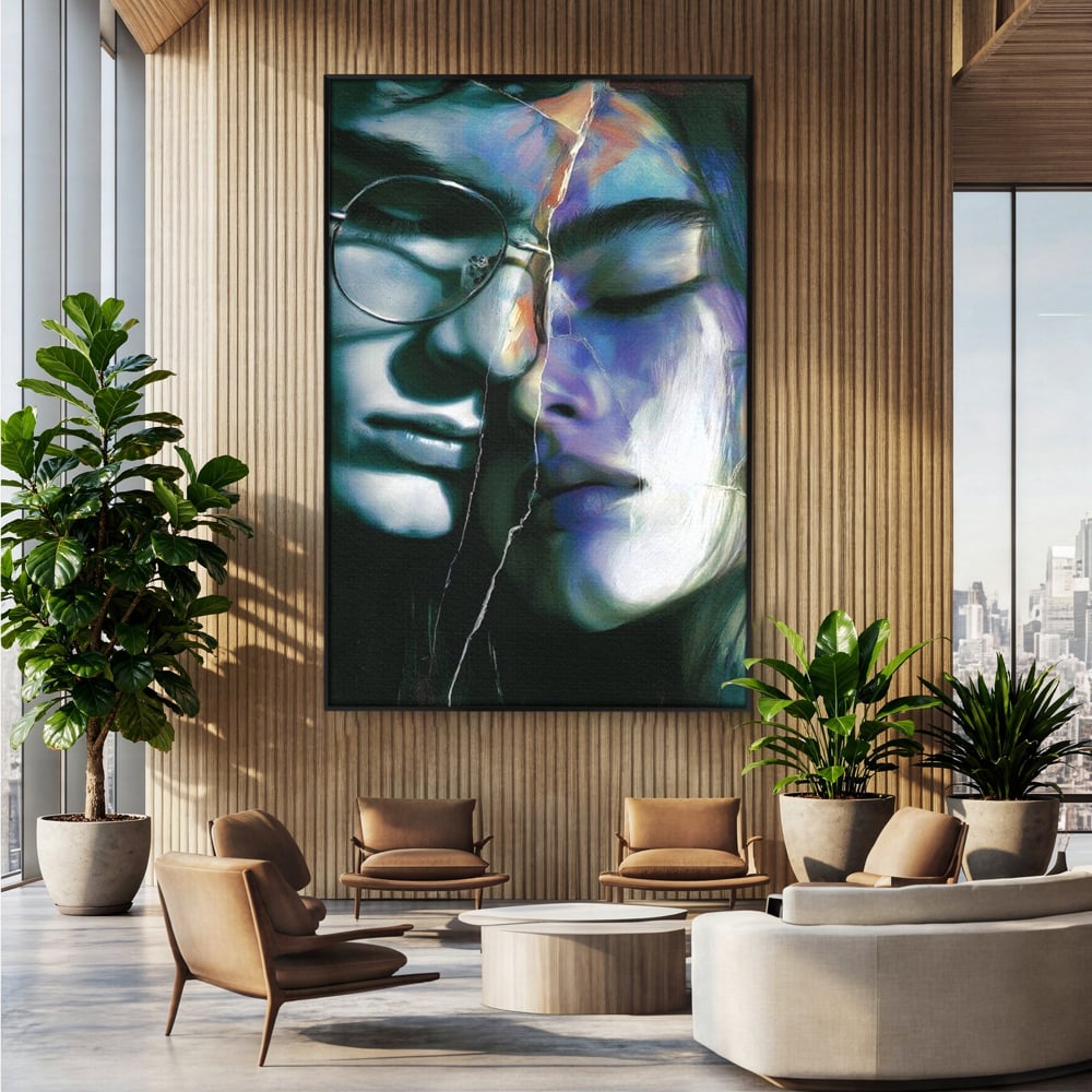Tablou Canvas Premium, LuxCanva® G1242, Tacerea Dintre Noi, Cioburi, Rupt, Intreg, Iubire, El, Ea, Ochelari, Tacere, Atingeri, Dor, Unire, Fragilitate, Chipuri, Noi, Suflet, Cuplu, Salon, Living, Dormitor