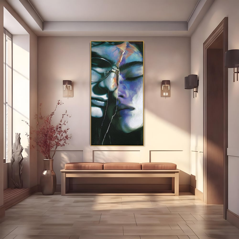 Tablou Canvas Premium, LuxCanva® G1242, Tacerea Dintre Noi, Cioburi, Rupt, Intreg, Iubire, El, Ea, Ochelari, Tacere, Atingeri, Dor, Unire, Fragilitate, Chipuri, Noi, Suflet, Cuplu, Salon, Living, Dormitor