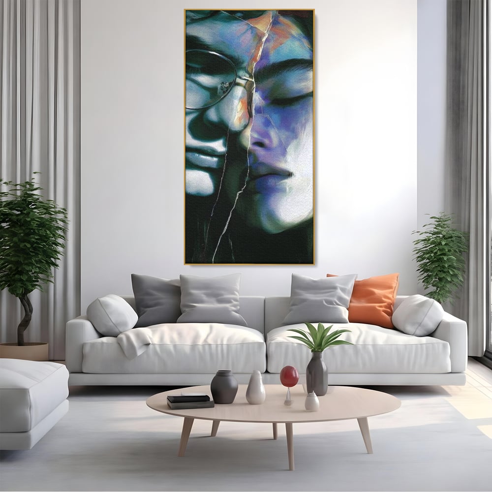 Tablou Canvas Premium, LuxCanva® G1242, Tacerea Dintre Noi, Cioburi, Rupt, Intreg, Iubire, El, Ea, Ochelari, Tacere, Atingeri, Dor, Unire, Fragilitate, Chipuri, Noi, Suflet, Cuplu, Salon, Living, Dormitor