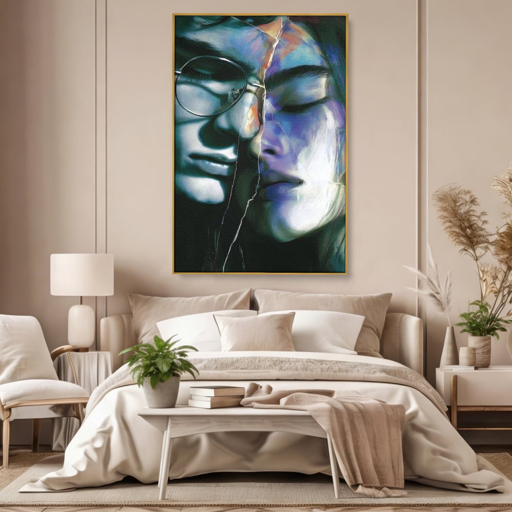 Tablou Canvas Premium, LuxCanva® G1242, Tacerea Dintre Noi, Cioburi, Rupt, Intreg, Iubire, El, Ea, Ochelari, Tacere, Atingeri, Dor, Unire, Fragilitate, Chipuri, Noi, Suflet, Cuplu, Salon, Living, Dormitor