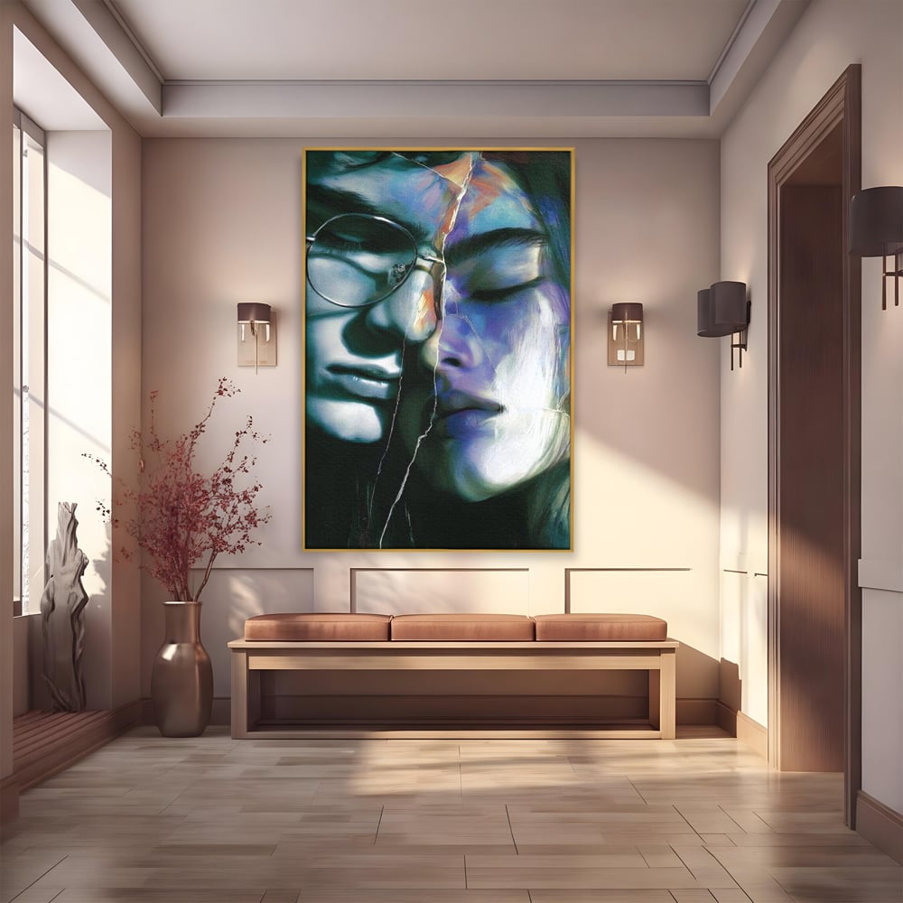 Tablou Canvas Premium, LuxCanva® G1242, Tacerea Dintre Noi, Cioburi, Rupt, Intreg, Iubire, El, Ea, Ochelari, Tacere, Atingeri, Dor, Unire, Fragilitate, Chipuri, Noi, Suflet, Cuplu, Salon, Living, Dormitor