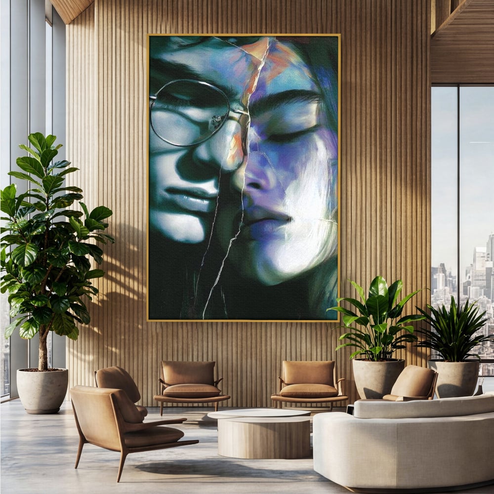 Tablou Canvas Premium, LuxCanva® G1242, Tacerea Dintre Noi, Cioburi, Rupt, Intreg, Iubire, El, Ea, Ochelari, Tacere, Atingeri, Dor, Unire, Fragilitate, Chipuri, Noi, Suflet, Cuplu, Salon, Living, Dormitor