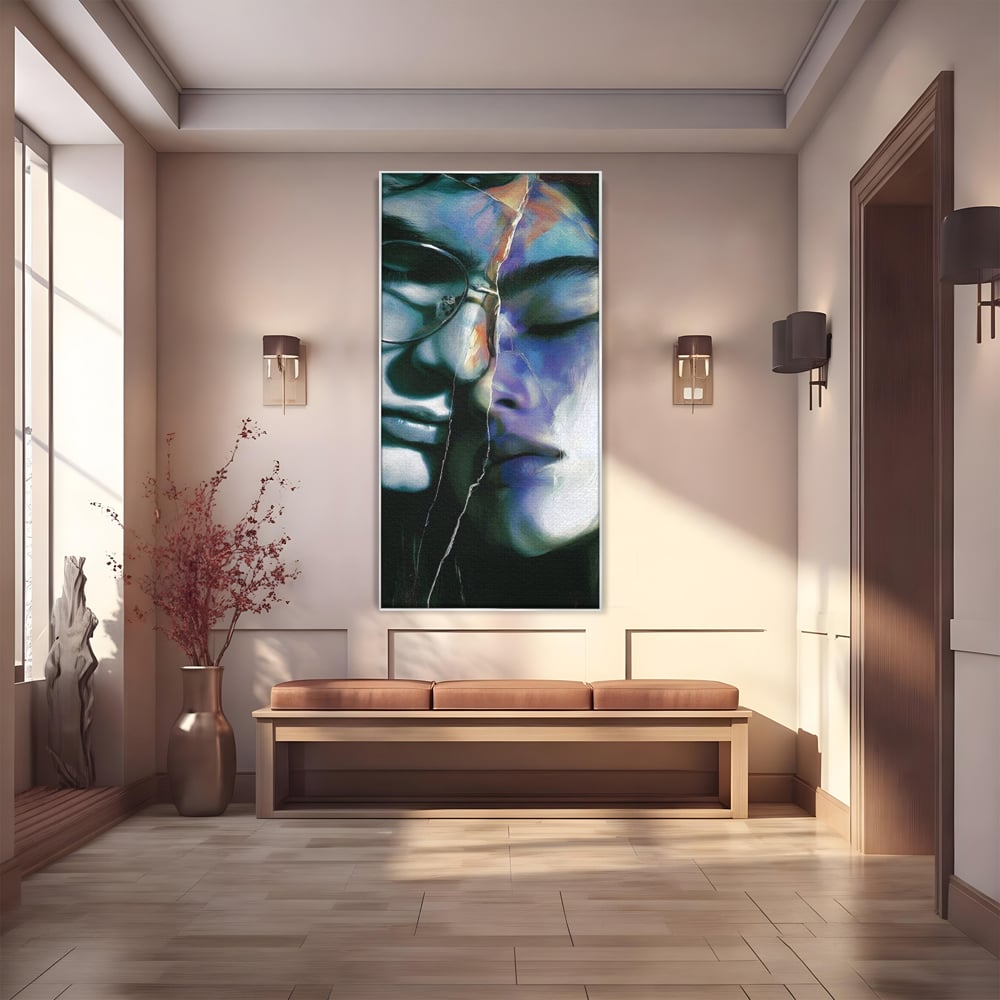 Tablou Canvas Premium, LuxCanva® G1242, Tacerea Dintre Noi, Cioburi, Rupt, Intreg, Iubire, El, Ea, Ochelari, Tacere, Atingeri, Dor, Unire, Fragilitate, Chipuri, Noi, Suflet, Cuplu, Salon, Living, Dormitor