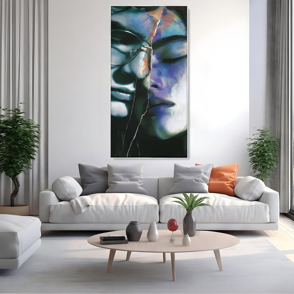 Tablou Canvas Premium, LuxCanva® G1242, Tacerea Dintre Noi, Cioburi, Rupt, Intreg, Iubire, El, Ea, Ochelari, Tacere, Atingeri, Dor, Unire, Fragilitate, Chipuri, Noi, Suflet, Cuplu, Salon, Living, Dormitor